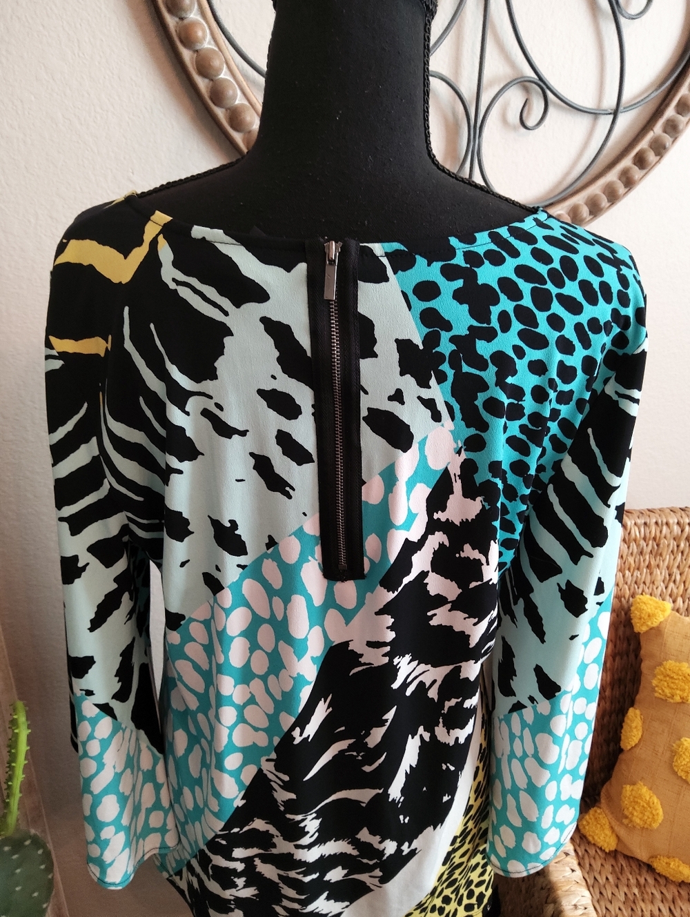 Alfani Multicolor Animal Print Tunic - Black, White, Aqua, Yellow - Picture 8 of 10